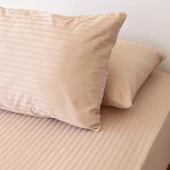 Çizgili Saten Yatak Çarşafı Lastikli 160x200 Yastık Kılıfı 50x70 Fitted Çift Kişilik Çarşaf Seti Bej - 1