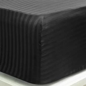 Çizgili Saten Yatak Çarşafı Lastikli 160x200 Yastık Kılıfı 50x70 Fitted Çift Kişilik Çarşaf Seti Siy - 2