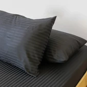 Çizgili Saten Yatak Çarşafı Lastikli 160x200 Yastık Kılıfı 50x70 Fitted Çift Kişilik Çarşaf Seti Siy - 1