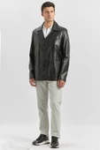 Siyah Hakiki Deri Kırlangıç Yaka Astarlı Slim Fit Dar Kesim Casual Deri Mont 1038235152 - 5