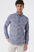 Koyu Lacivert Kısalabilir Kollu Desenli JakarlıCepsiz %100 Pamuk Casual Slim Fit Gömlek 1004230182 thumbnail 1
