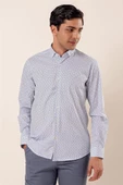 Koyu Lacivert Uzun Kollu Baskılı Cepsiz Pamuklu Likralı Klasik Slim Fit Dar Kesim Gömlek 1004230115 thumbnail 1