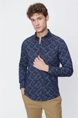 Lacivert Uzun Kol Baskılı Düğmeli Yaka  Slim Fit Dar Kesim Klasik Gömlek 1004220289 thumbnail 1