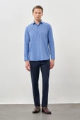 Mavi Uzun Kol Filafil Sert Yaka  Slim Fit Dar Kesim Basic Gömlek 1004210008 thumbnail 2