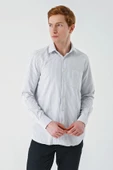 Gri Uzun Kollu Çizgili  İtalyan Yaka Cepsiz Garnili Pamuklu Klasik Slim Fit Gömlek 1004240151 thumbnail 1