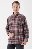 Bordo Uzun Kollu Ekoseli Gabardin Sert Yaka Cepli Garnili Casual Comfort Fit Gömlek 1004235112 thumbnail 1