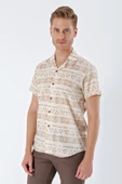 Bej Kısa Kollu Baskılı Apaş Yaka Cepsiz %100 Pamuk Casual Comfort Fit Gömlek 1004230160 thumbnail 1