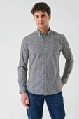 Koyu Lacivert Uzun Kollu Baskılı Cepsiz Biyeli Pamuklu Likralı Slim Fit Gömlek 1004240141 - 1