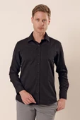 Siyah Uzun Kollu Armürlü Cepsiz Pamuklu Likralı Slim Fit Dar Kesim Gömlek 1004240193 thumbnail 1