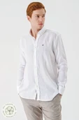 Beyaz Uzun Kollu Cepsiz Biyeli %100 Keten Klasik Comfort Fit Rahat Kesim Gömlek 1004240186 thumbnail 1