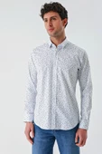 Beyaz Uzun Kollu Baskılı Biritli Yaka Cepsiz Pamuklu Klasik Slim Fit Dar Kesim Gömlek 1004240216 thumbnail 3