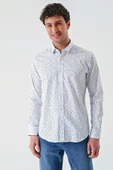 Beyaz Uzun Kollu Baskılı Biritli Yaka Cepsiz Pamuklu Klasik Slim Fit Dar Kesim Gömlek 1004240216 thumbnail 1