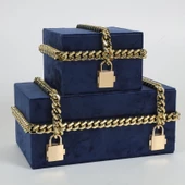 Crearthome 2li Obje Kadife Kutu Gold Zincir Kilit Detaylı Lacivert AK.JR0014 - 1