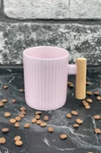 Ahşap Kulplu Seramik Mug Kupa Bardak 225cc 1 Adet Pembe - 1