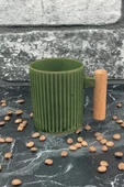 Ahşap Kulplu Seramik Mug Kupa Bardak 225cc 1 Adet Haki Yeşil - 1