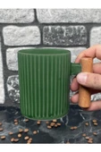 Ahşap Kulplu Seramik Mug Kupa Bardak 225cc 1 Adet Haki Yeşil - 2