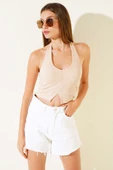 Boyundan Geçirmeli Kaşkorse Crop Bej thumbnail 1