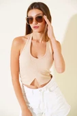 Boyundan Geçirmeli Kaşkorse Crop Bej - 2