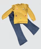 Kot Pantolonlu Flamingo Desenli Penye Sweat Uzun Kollu 2li Kız Çocuk Takımı Hardal - 1