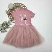 Flamingo Balerin Kız Baskılı Kurdela Kuşaklı Astarlı Kız Çocuk Tütü Elbise Gül Kurusu - 1