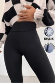 Kadın Siyah Kışlık Yüksek Bel Toparlayıcı Korseli İnterlok Çelik Örme Tayt İç Göstermez - 1