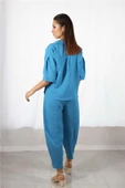 Beli Lastikli Mavi Keten Şalvar Pantolon - 5