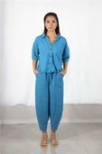 Beli Lastikli Mavi Keten Şalvar Pantolon - 1