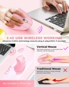 Lekvey Dikey Kablosuz Ergonomik Mouse, Şarj Edilebilir 2.4G Optik - Pembe - 3