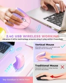 Lekvey Dikey Kablosuz Ergonomik Mouse, Şarj Edilebilir 2.4G Optik - Mor/Pembe - 2