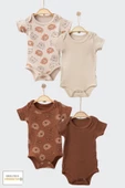 Kısa Kollu Unisex Kahverengi 4 Adet Sevimli Ayıcık Baskılı Badi %100 Pamuklu Bebek Çıtçıtlı Zıbın - 1