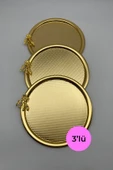 3'lü Japon Güllü Yuvarlak Gold Çay ve Kahve Sunum Tepsisi, Dekoratif Servis Tepsisi 22cm - 1