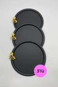 3'lü Japon Güllü Yuvarlak Siyah Çay ve Kahve Sunum Tepsisi, Dekoratif Servis Tepsisi 22cm - 1