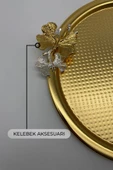 3'lü Kelebekli Yuvarlak Gold Çay ve Kahve Sunum Tepsisi, Dekoratif Servis Tepsisi 22cm Tek Kişilik - 5