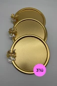 3'lü Kelebekli Yuvarlak Gold Çay ve Kahve Sunum Tepsisi, Dekoratif Servis Tepsisi 22cm Tek Kişilik - 1