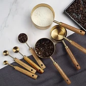 Valkyrie 8 Adet Paslanmaz Çelik Ahşap Saplı Ölçü Kaşığı Seti Ölçü Kabı 1.25ml 2.5ml 5ml 15ml 60ml 80ml 125ml 250ml - 1