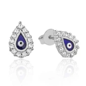 Gümüş Beyaz Taşlı Nazar Damla Çivili Küpe - 1