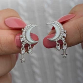 Gümüş Sallantılı Ay Yıldız Kadın Küpe - 1