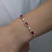 925 Ayar Gümüş Rose Baget Kırmızı Taşlı Kadın Bileklik - 3