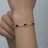 925 Ayar Gümüş Rose Baget Kırmızı Taşlı Kadın Bileklik - 4