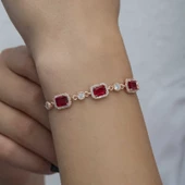 925 Ayar Gümüş Rose Baget Kırmızı Taşlı Kadın Bileklik - 5