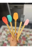 5 Li Renkli Ahşap Saplı Silikon Uçlu Spatula Fırçalı Kaşık Seti -Yemek Hazırlık Seti 21 Cm - 2