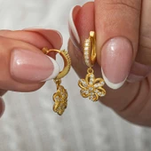 ​Gümüş Sallantılı Gold Çiçek Kadın Küpe - 3