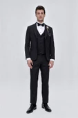 Siyah Armürlü Çıkarılabilir Mono Yaka Yelekli 6 Drop Slim Fit Smokin Damatlık 1001225202 thumbnail 5