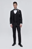 Siyah Armürlü Çıkarılabilir Mono Yaka Yelekli 6 Drop Slim Fit Smokin Damatlık 1001225202 thumbnail 3