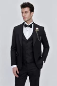 Siyah Armürlü Çıkarılabilir Mono Yaka Yelekli 6 Drop Slim Fit Smokin Damatlık 1001225202 thumbnail 6