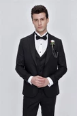 Siyah Armürlü Çıkarılabilir Mono Yaka Yelekli 6 Drop Slim Fit Smokin Damatlık 1001225202 thumbnail 1