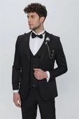 Siyah Armürlü Kırlangıç Yaka Tam Astar Yelekli 6 Drop Slim Fit Dar Kesim Smokin Damatlık 1001225178 thumbnail 4