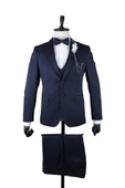Koyu Lacivert Armürlü Mono Yaka Astarlı Yelekli 6 Drop Slim Fit Smokin Damatlık 1001220205 - 2