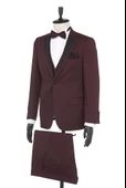 Bordo Armürlü Mono Yaka Astarlı Yelekli 6 Drop Slim Fit Smokin Damatlık 1001190164 thumbnail 3