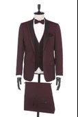 Bordo Armürlü Mono Yaka Astarlı Yelekli 6 Drop Slim Fit Smokin Damatlık 1001190164 thumbnail 2